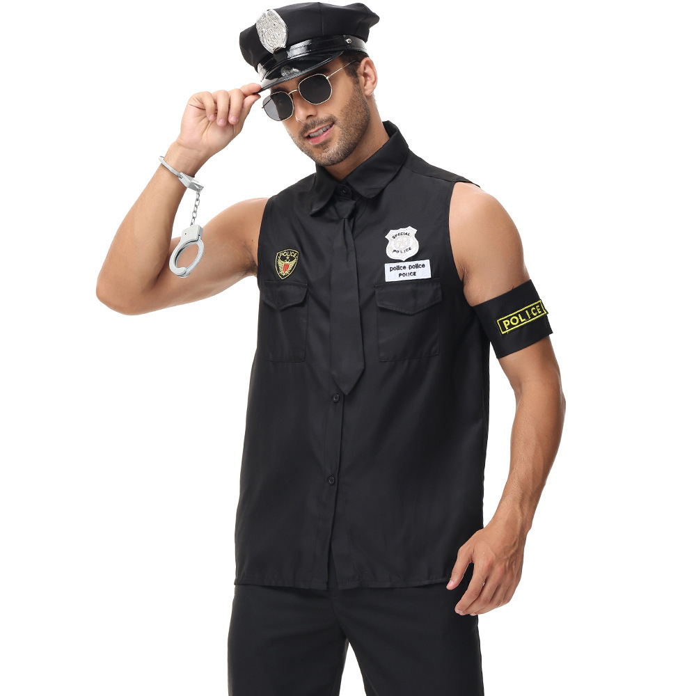 Mens Police Officer Costume Set Halloween Cop Cosplay Sleeveless Uniform Set